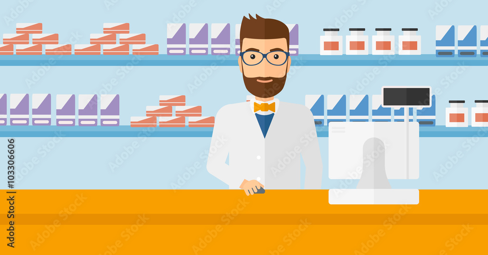 Pharmacist at counter with computer monitor. Pharmacist at counter with computer monitor.