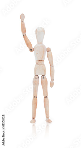 Wooden dummy man waving hello
