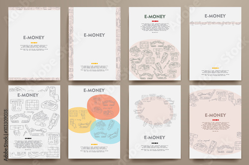 Corporate identity vector templates set with doodles e-money theme