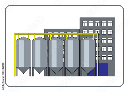 Grain processing plant icon in the frame. Gray building isolated on white background. Industrial manufacturing. Detailed modern flat style. Symbol of industry. Design element Stock Vector illustration