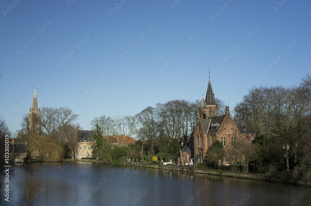 The canals of Bruges, castle, lake of Love