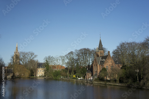 The canals of Bruges, castle, lake of Love