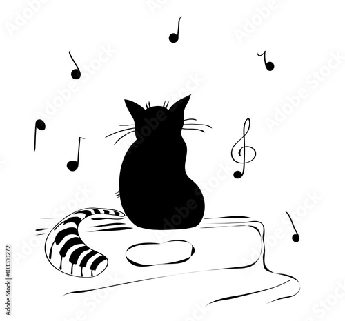 a cat who is very fond of music/ black cat sitting on the piano and listening to music