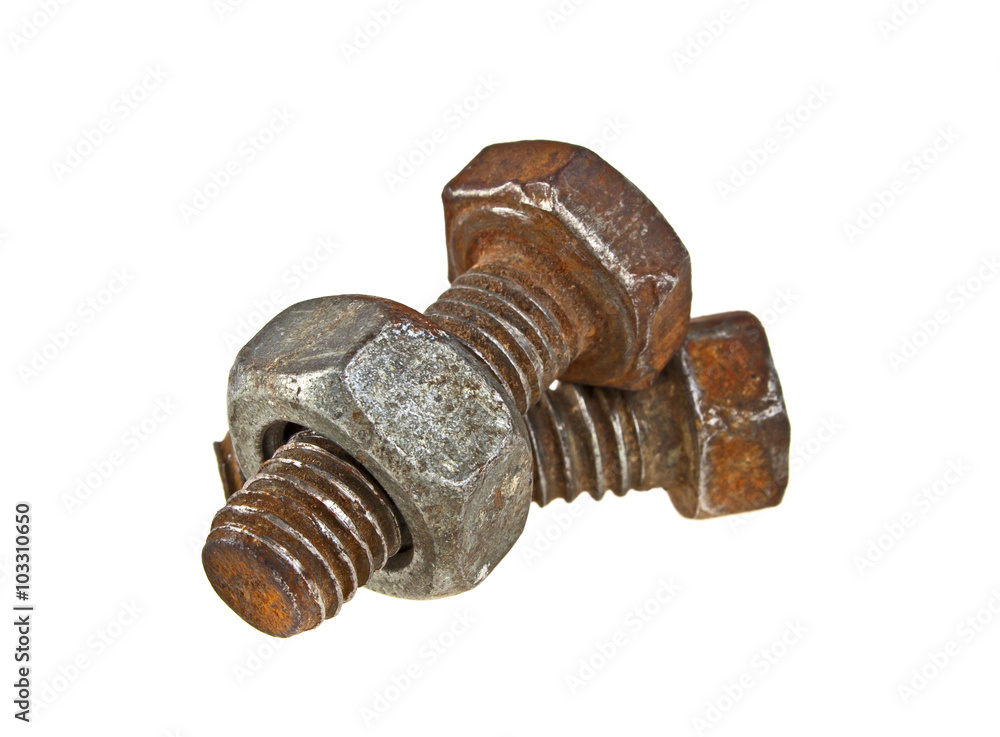 Two old rusty bolts and screw-nut isolated on white background Two old rusty bolts and screw-nut isolated on white background
