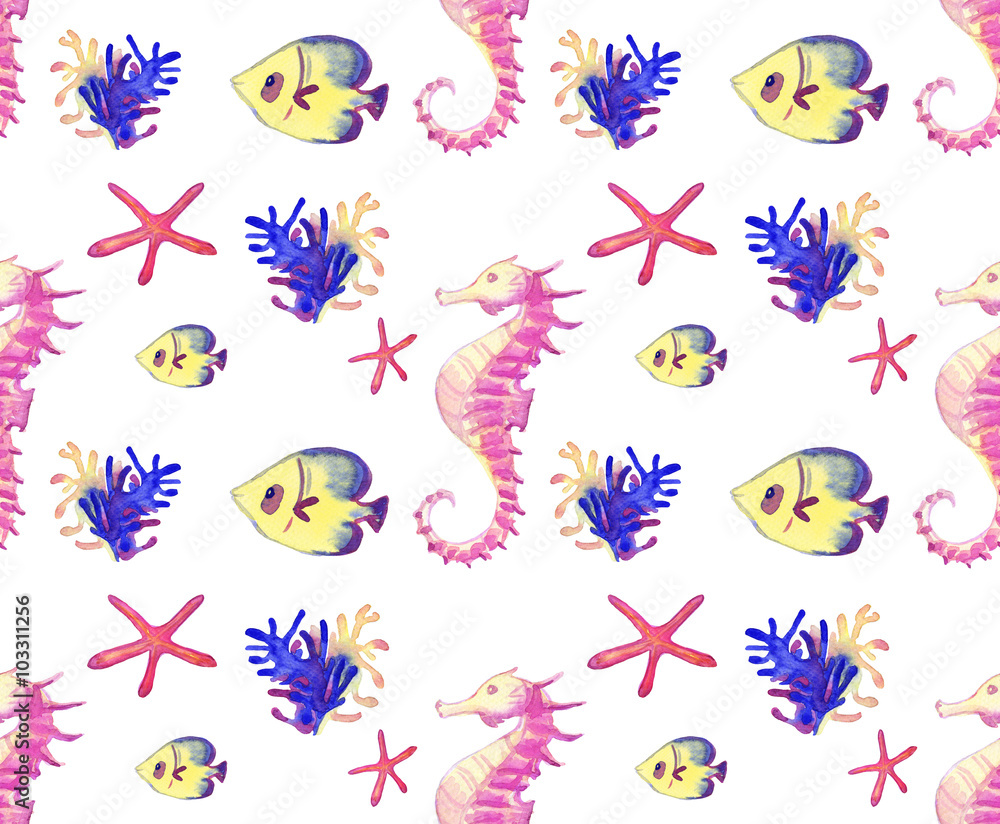Obraz premium Beautiful watercolor vibrant set of underwater life