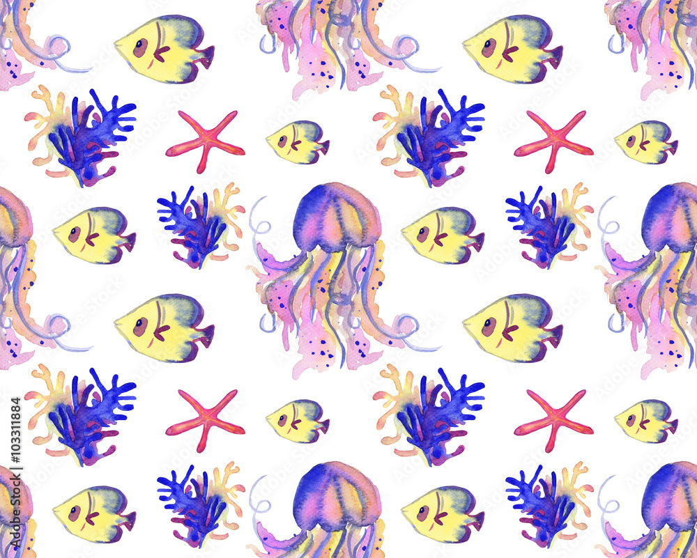 Obraz premium Beautiful watercolor vibrant set of underwater life