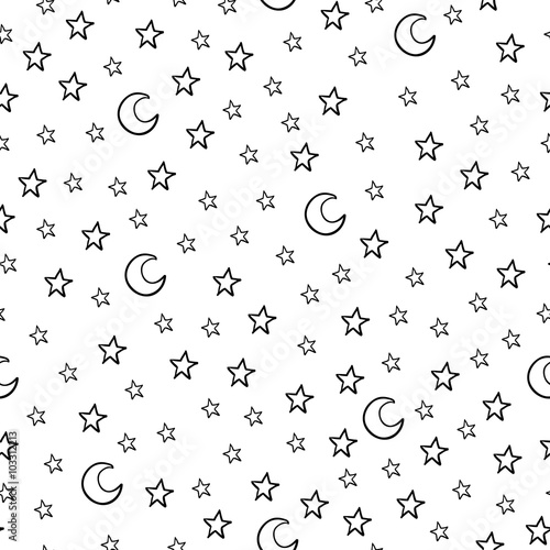 Seamless pattern with cartoon stars and moon on white background