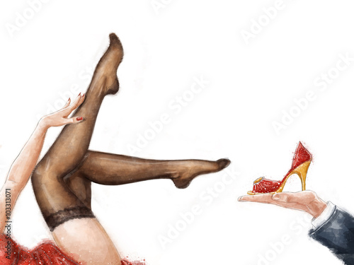 Fotografie Long pretty woman legs wearing stockings, isolated on white