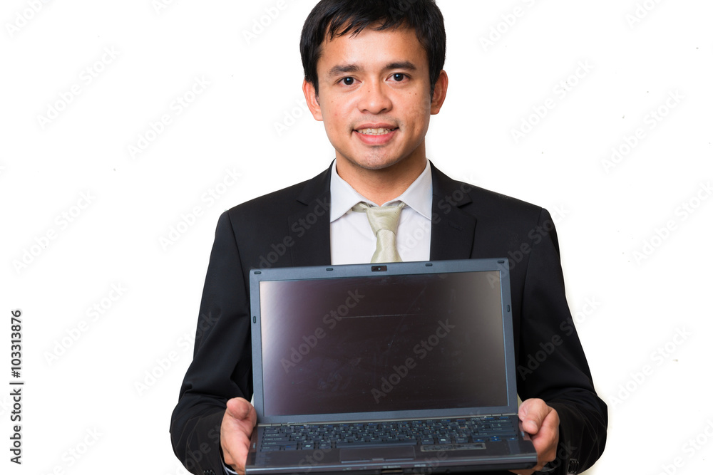 Young handsome man hold laptop in black suit smiling Young handsome man hold laptop in black suit smiling