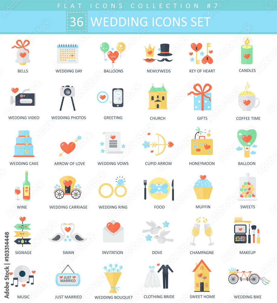 Vector wedding color flat icon set. Elegant style design.