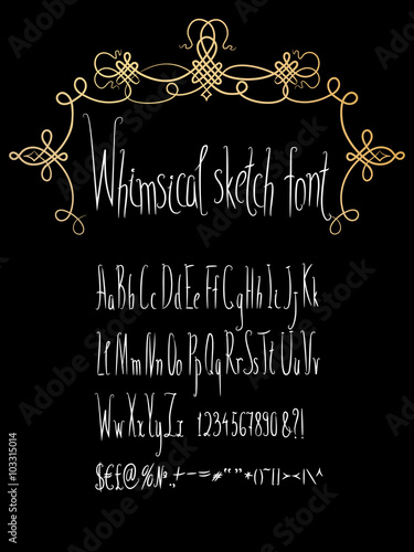 Hand made whimsical sketch font with gold flourish frame. Hand drawn English alphabet collection. Vector letters set, upper and lower case, numbers, symbols, sighs, ampersand. Clean, easy to edit.
