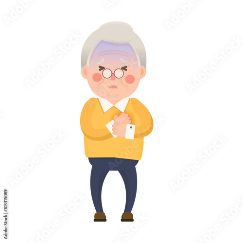 Vector Illustration of Old Man having Chest Pain, Heart Burn, Cartoon Character Isolated on White Background