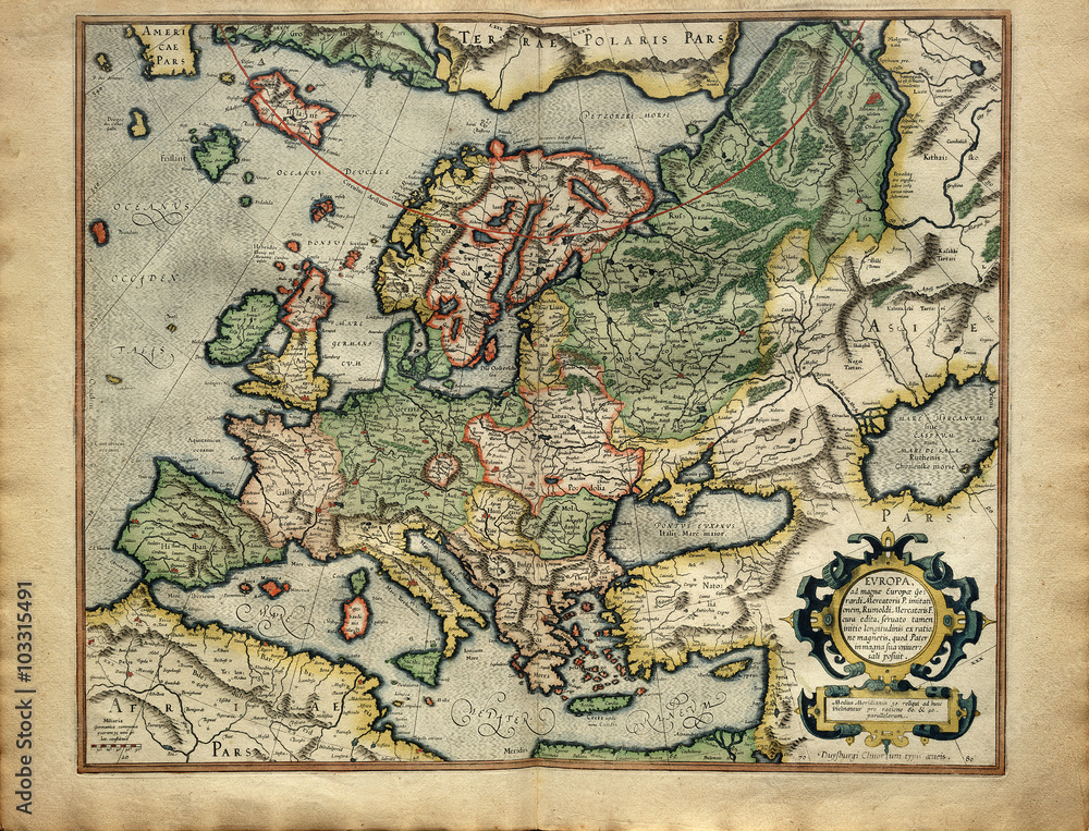 Fotografija Old medieval map of Europe, ancient image printed in 1587 by  Mercator na Europosterji.si
