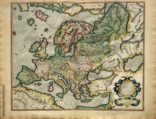 Fényképezés Old medieval map of Europe, ancient image printed in 1587 by Mercator