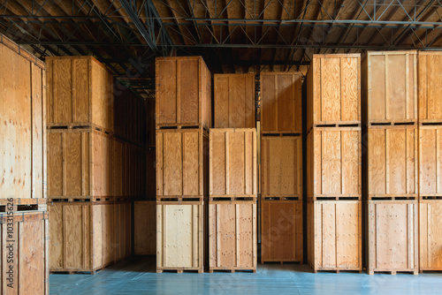 Clean Storage Warehouse with Custom Crates. Storage solutions with crates made of wood interior. Logistics and Distribution
