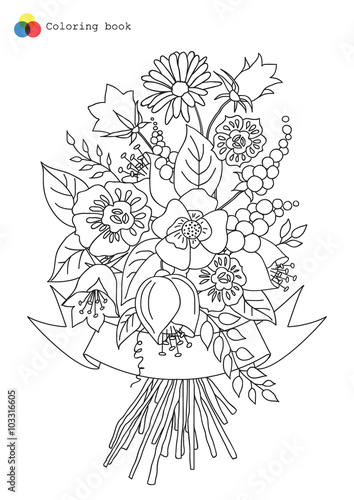 Bouquet of flowers for coloring book. Vector doodle floral illustration in black and white.
