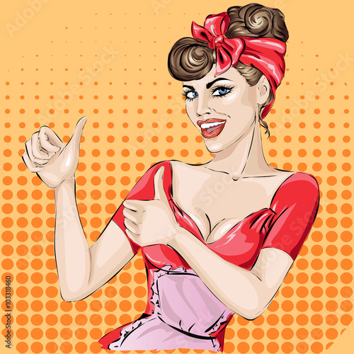 Pin-up waitress with thumbs up in bistro cafe
