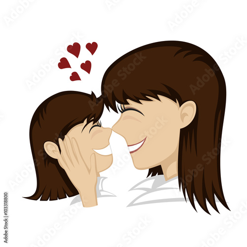 A cute brunette girl and brunette mother's faces (mother caresses).