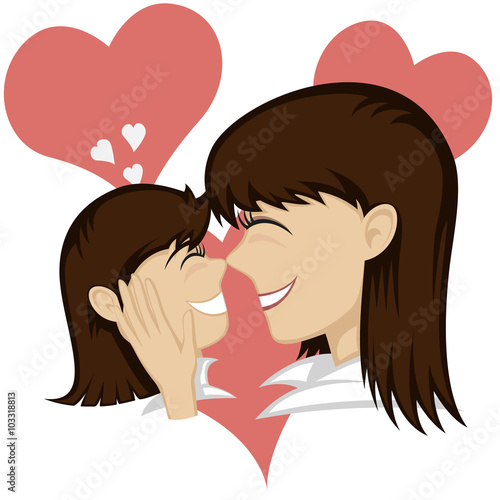 A cute brunette girl and brunette mother's faces (mother caresses with hearts in background).