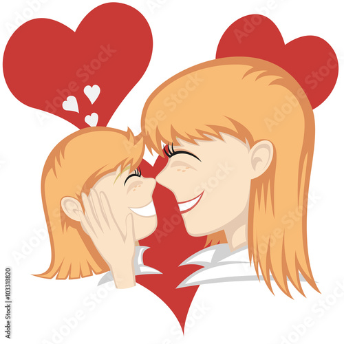  A cute ginger girl and ginger mother's faces (mother caresses with hearts in background).