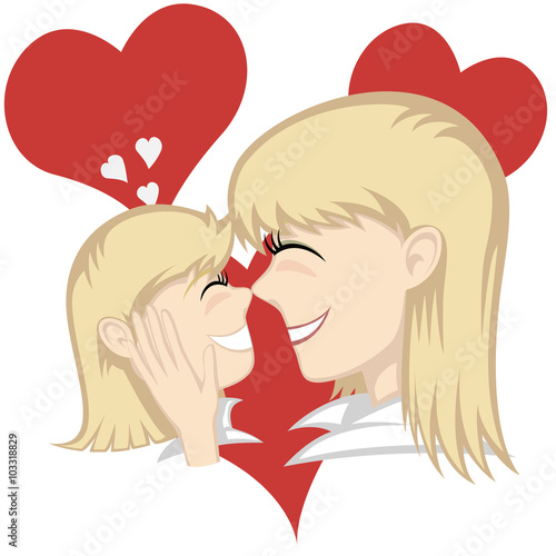 A cute blonde girl and blonde mother's faces (mother caresses with hearts in background).