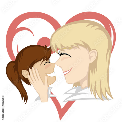 A cute brunette girl and blonde mother's faces (mother caresses with a big heart ornament in background).