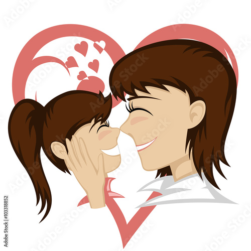 A cute brunette girl and brunette mother's faces (mother caresses with a big heart ornament in background).