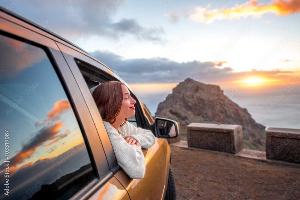 Woman traveling by car on La Gomera island - obrazy, fototapety, plakaty 