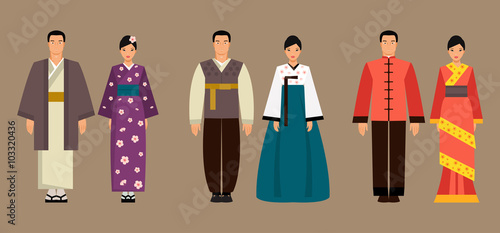 Asian men and women in national costumes. Vector illustration