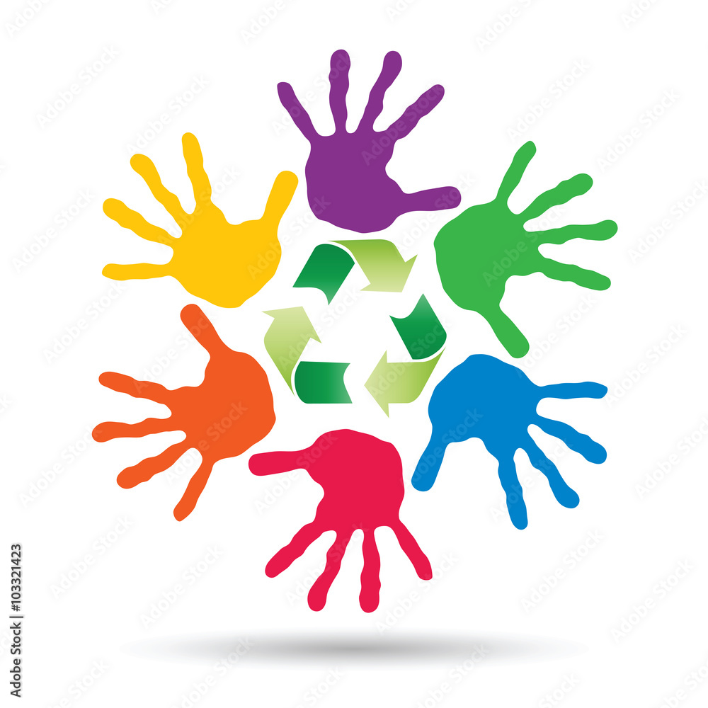 Conceptual circle or spiral made of painted human hands with green recycle symbol Conceptual circle or spiral made of painted human hands with green recycle symbol
