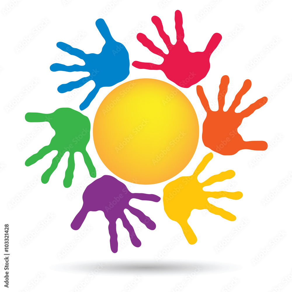 Fototapeta premium Concept circle of hands, yellow sun symbol