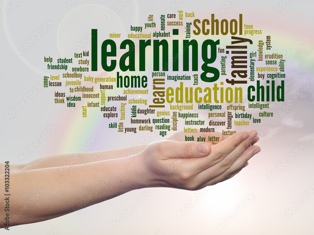 Conceptual education word cloud over rainbow Conceptual education word cloud over rainbow
