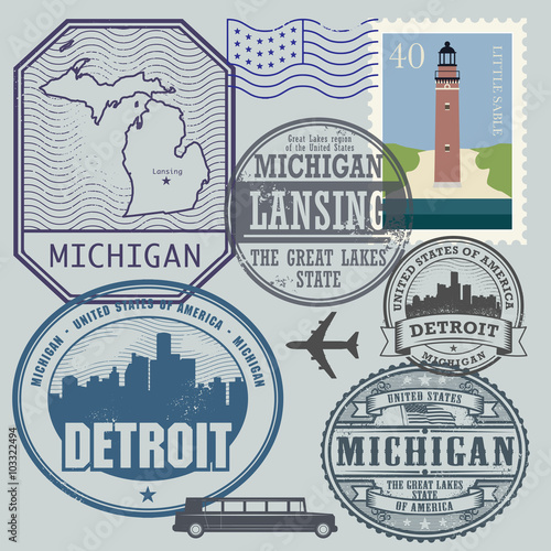 Stamp set with the name and map of Michigan, United States