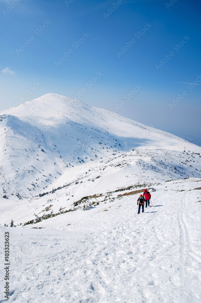 Tourist hike in a winter mountains