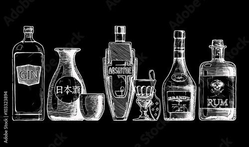 bottles of alcohol. Distilled beverage