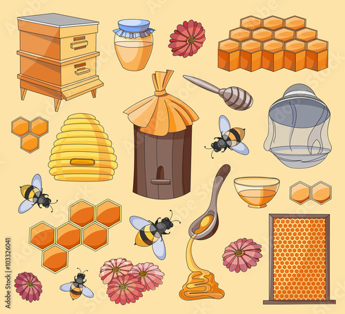 Honey set. Design with apiary sketch elements.