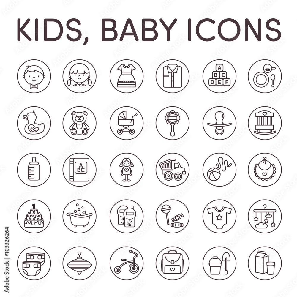 Kids baby icons black and white line
