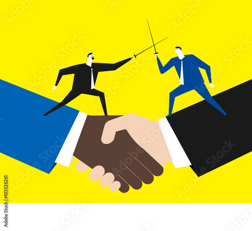 Fighting under the table / Two partners shake hands but fight under table.