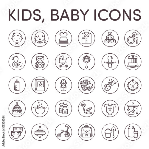 Kids baby icons black and white line 