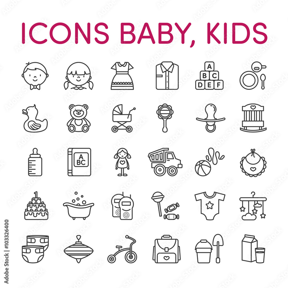 Kids baby icons black and white line
Kids baby icons black and white line