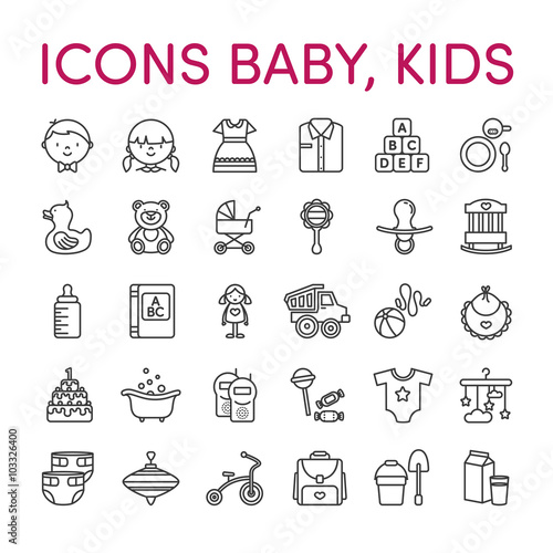 Kids baby icons black and white line
