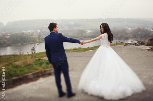 Wallpaper Mural Happy beautiful couple of newlyweds holding hands near romantic Torontodigital.ca