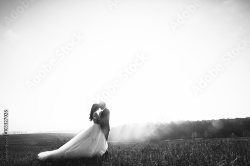 Romantic fairytale newlywed couple hug & kiss in field at sunset