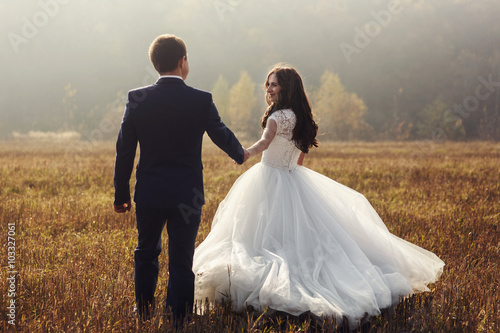 Happy newlywed couple holding hands in romantic sunset field