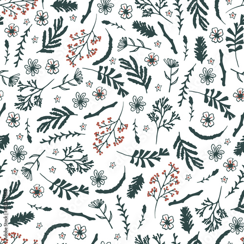 Seamless floral pattern on white background. Dark green flowers and red berries. Background with hand drawn doodle elements