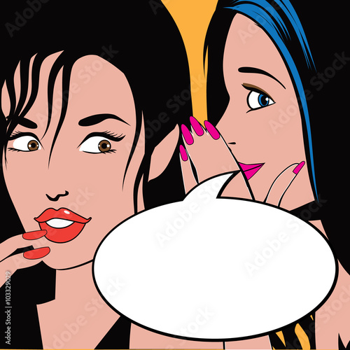 Woman telling secrets with speech bubble for our message. Pop art retro style.