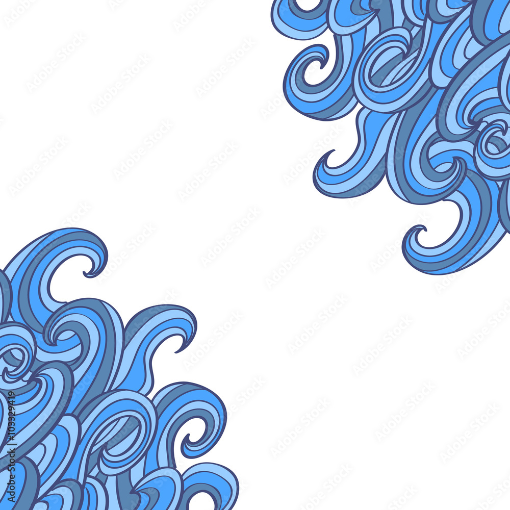 Doodle waves background with place for text. Swirl decorative corners. 