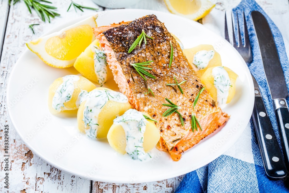 Baked salmon fillet and boiled potatoes Baked salmon fillet and boiled potatoes