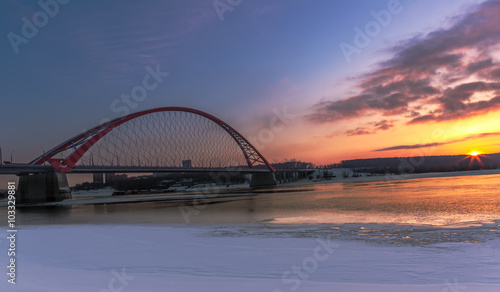 The new bridge across the Ob river in the sunset light.