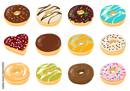 There are twelve delicious doughnuts isolated in white